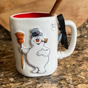 NWT Rae Dunn Frosty /Jolly Happy Fun /Double Sided Glossy Mug W/ Spoon